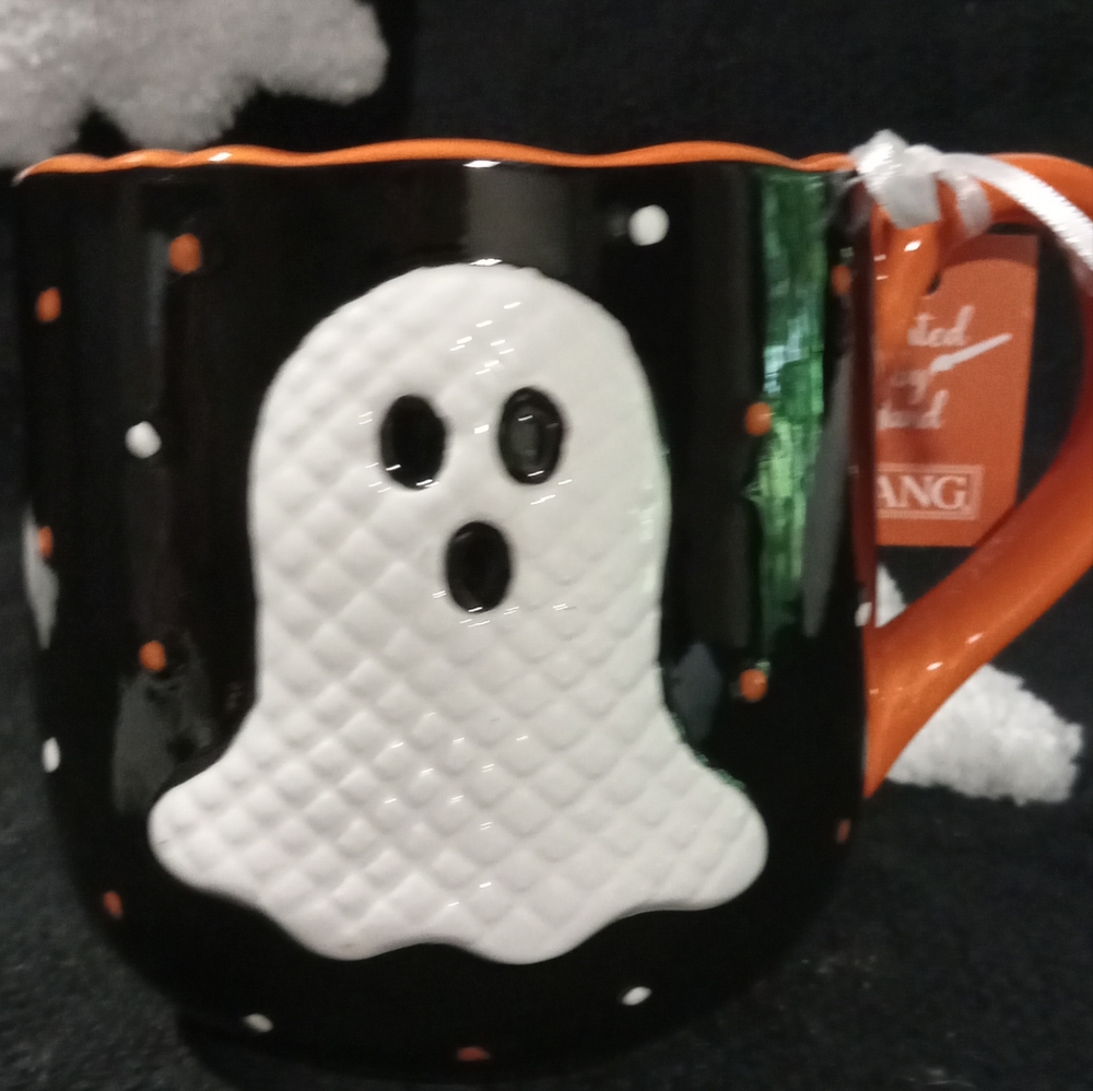 Ghost on black and orange mug halloween mug ghost mug